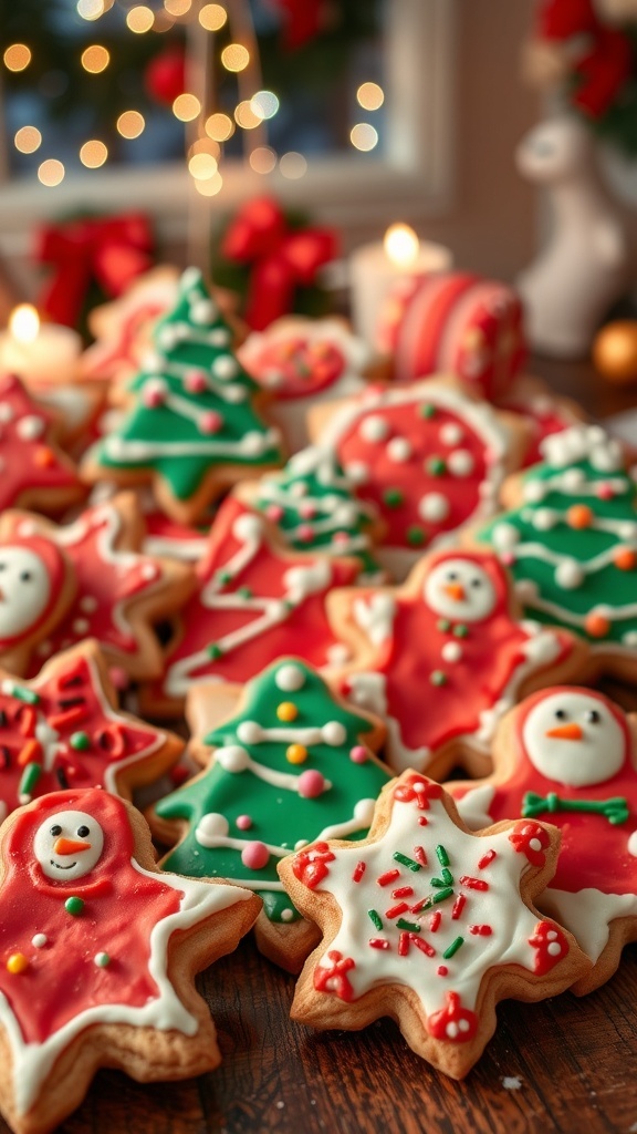 Quirky Ugly Christmas Cookies Recipe An array of ugly Christmas cookies decorated with colorful icing and sprinkles on a festive table.